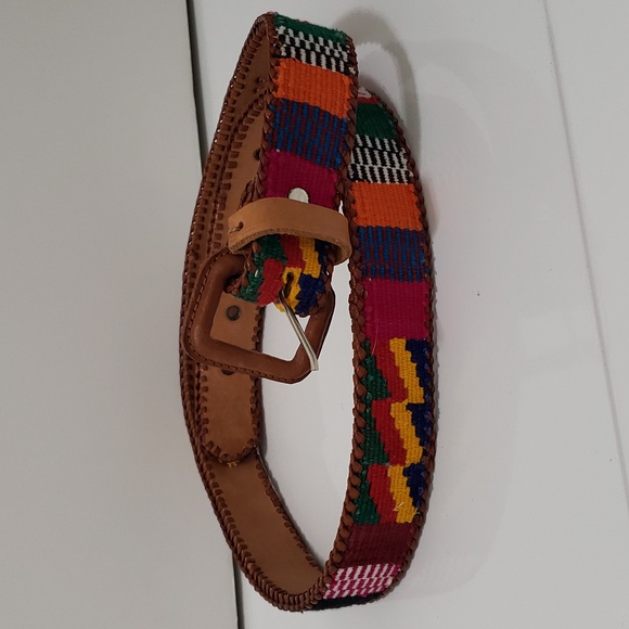 Guatemalan Handmade Accessories - Vintage Unisex Guatemalan Handmade Whipstitch Leather and Woven Textile Belt